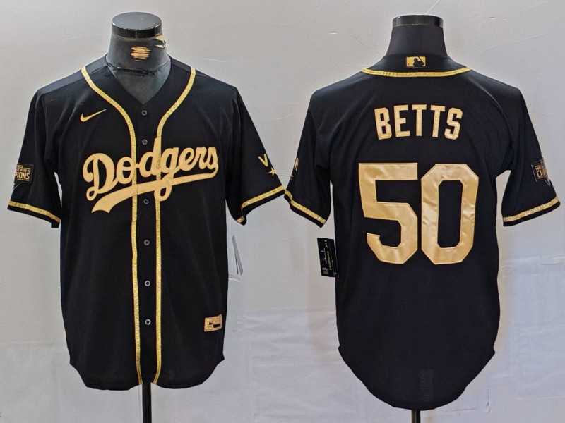 Mens Los Angeles Dodgers #50 Mookie Betts Black Gold World Series Champions Cool Base Stitched Jersey